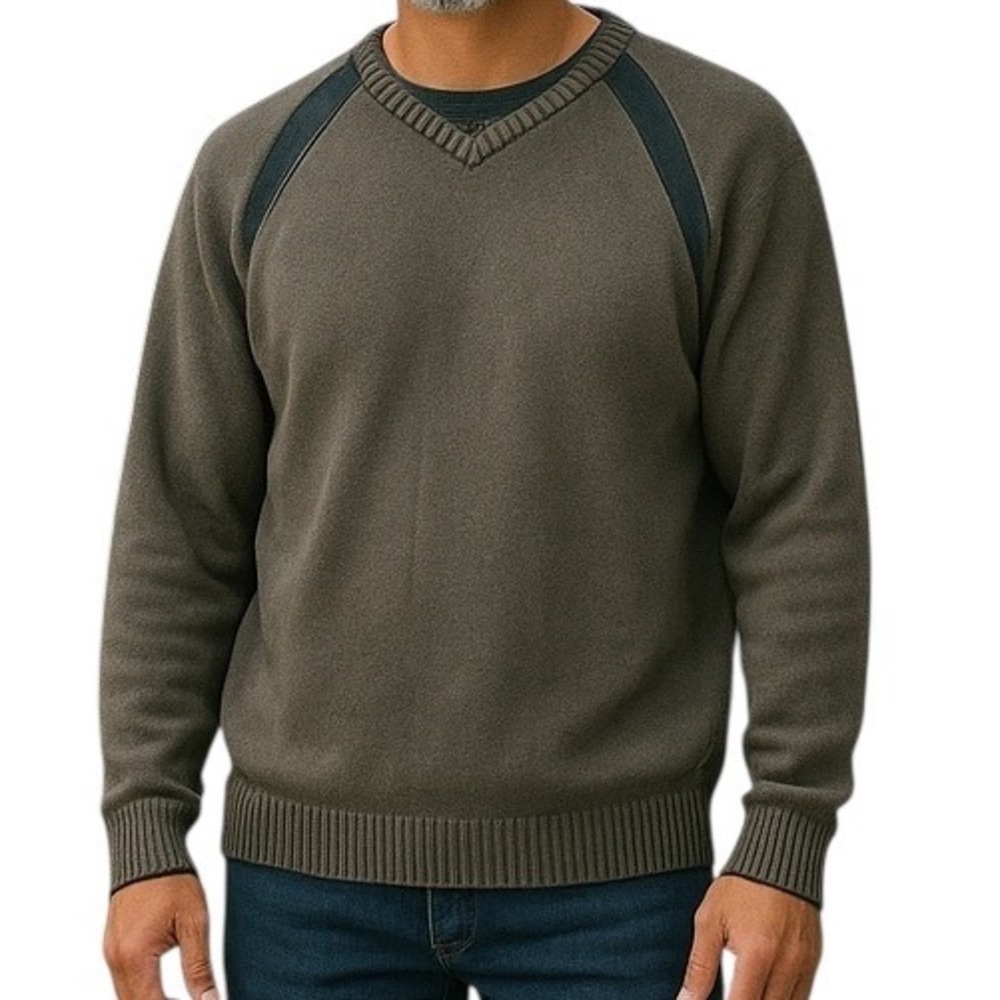 Tommy Bahama Brown Cotton Knit Pullover Black Contrast Panels Mens Size L Preppy